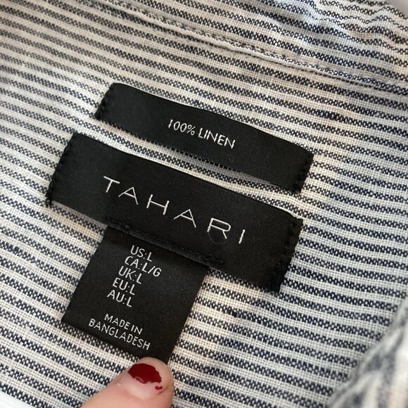 Tahari Women's Gray Pinstriped Linen Short Sleeve Button Up Shirt Size L Coastal - Picture 5 of 10